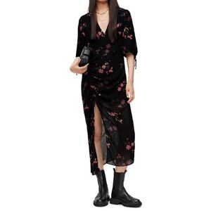 ALL SAINTS | Safiya Solanio Floral Midi Dress Black Side Slit Ruched V Neck
